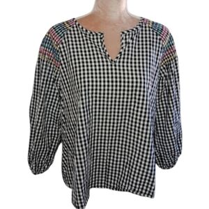 Madewell ~ Black & White Gingham Blouse w/ Colorful Embroidered Shoulders Medium
